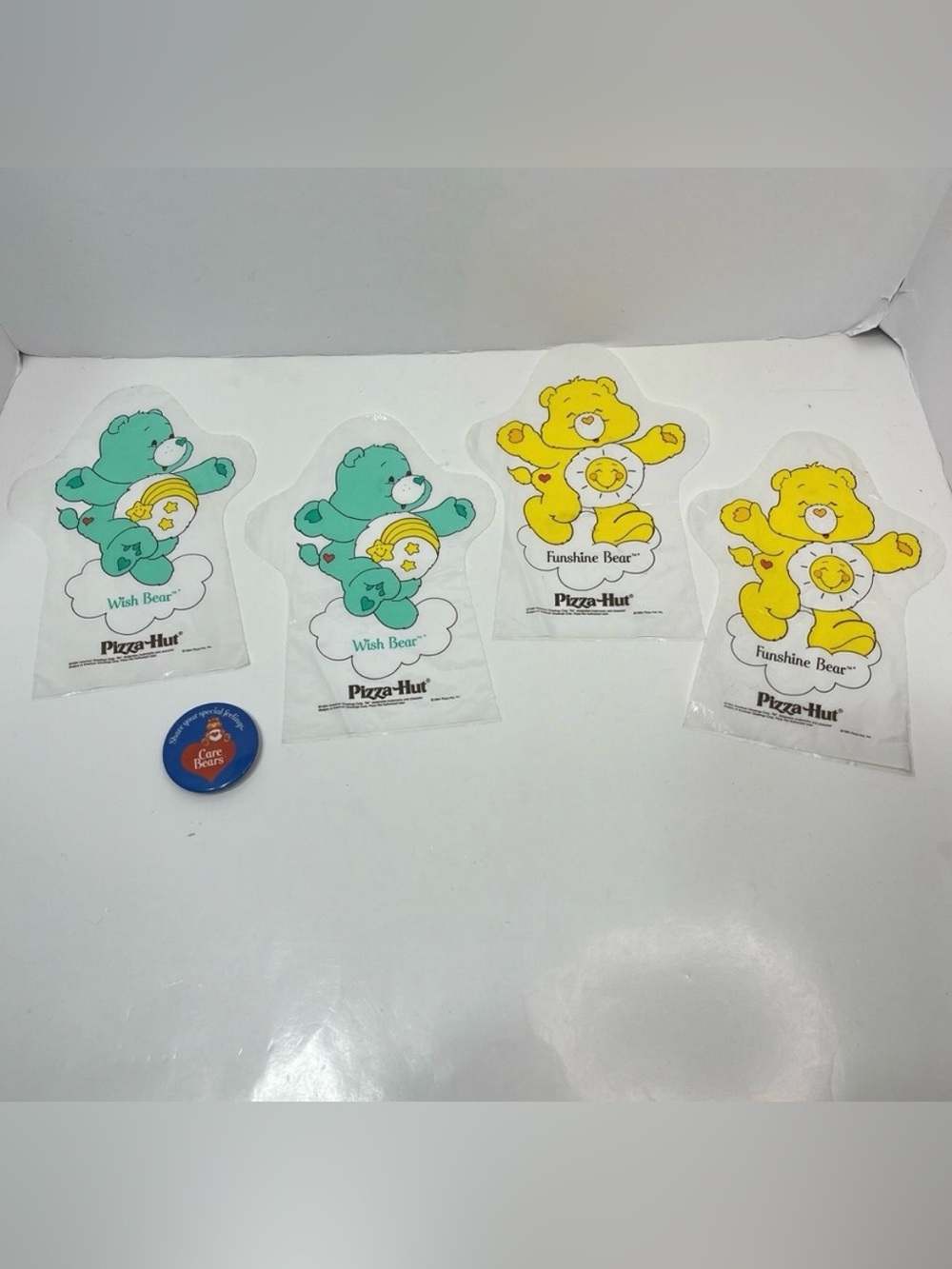 CARE BEARS Vintage 1984 Pizza Hut plastic hand puppets and button
